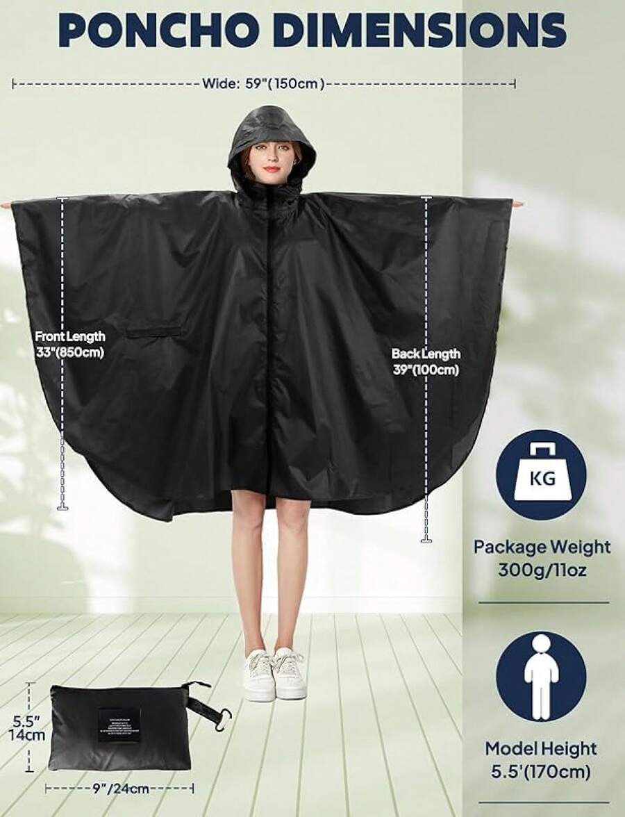Anyoo - Poncho impermeable para la lluvia, ligero, reutilizable, para senderismo, con capucha, para actividades al aire libre - Negro F - Ver 1