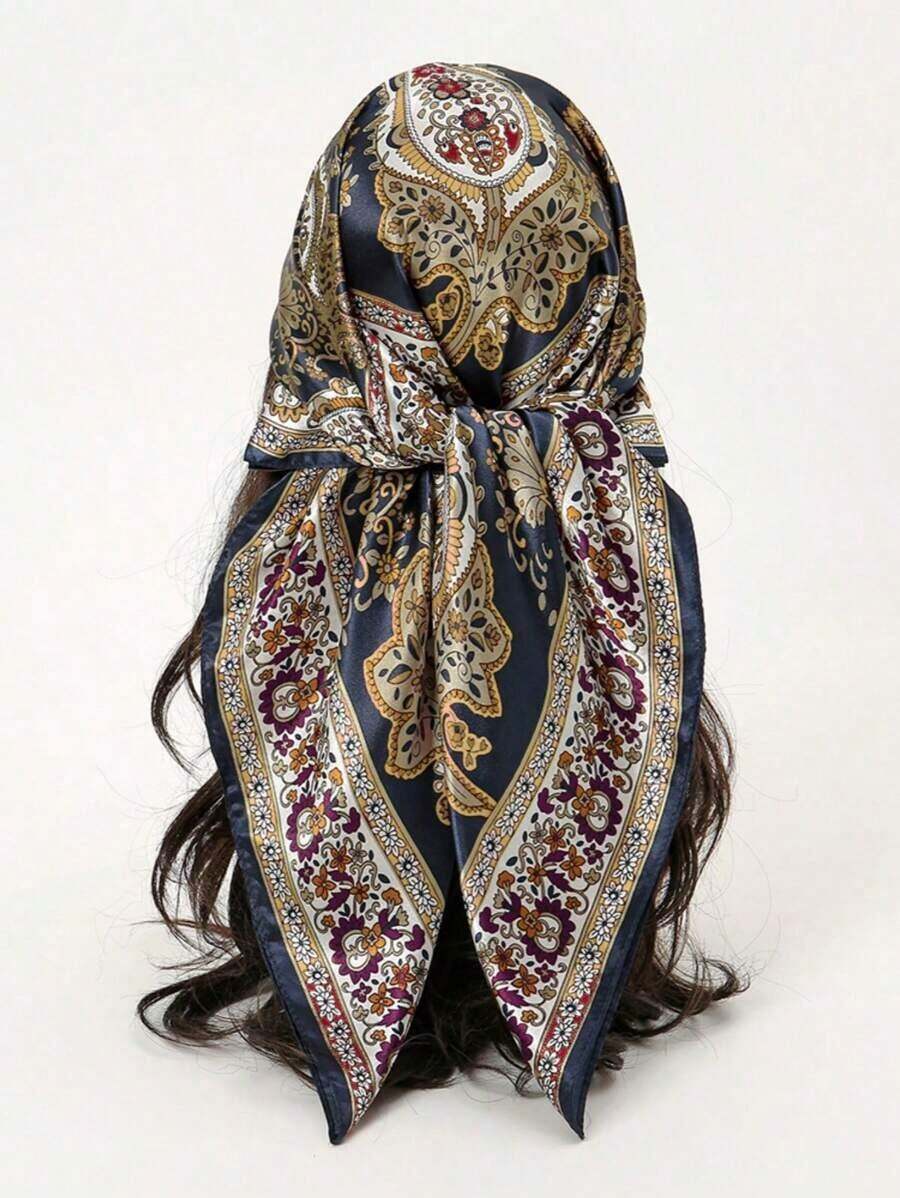 1PC Women's Red & White Paisley Printed Bandana, 90CM Large Satin Square Scarf, Silk-Feel Hair Wrap, Stylish Headscarf For Women, Elegant Hair Accessory For Casual & Formal Wear - 海軍藍 - 查看 1