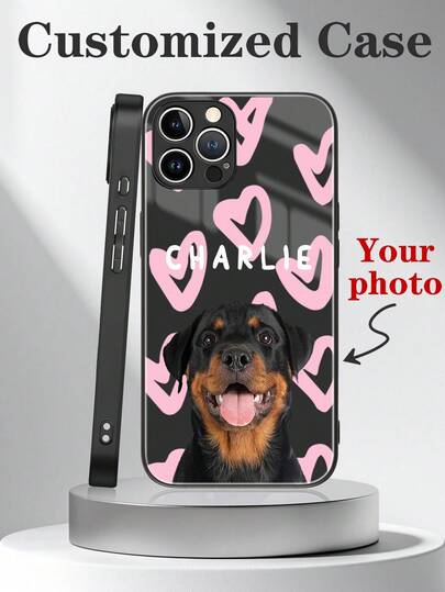 カスタマイズ可能なミラーガラスハートペット犬猫写真入りスマホケース、マルチカラー文字フレーズ祝福、輝くスマホ保護カバー、カスタマイズポートレート写真、名前、iPhone 11 12 13 14 15 16 Pro Max、S23 S24 S25 Ultra 5G、A13 A14 A15 A16 A33 A34 A35 A55 A56に対応、かわいいスマホケース、国際版、国内版ではありません
