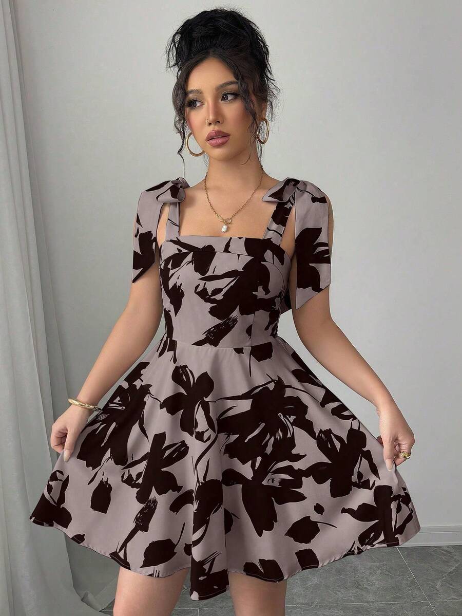 Vestido corto estampado de mujer,vestido sin mangas con lazo,vestidos casuales para mujer,vestidos para dama - Gris Oscuro - Ver 1