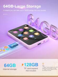 64GB Portable Hi-Fi Sound MP3 Player With 2.4" Full Touch Screen, Built-In HD Speakers, Including Headphones, Up To 128GB Card