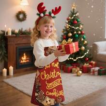 1 件可爱圣诞主题亚麻儿童围裙，节日姜饼、雪花印花、圣诞老人、腊肠犬，适合圣诞节派对