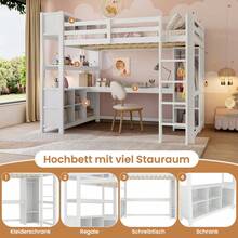 Hochbett 140x200 cm mit SCHREIBTISCH & KLEIDERSCHRANK | Komplett-Arbeitsplatz mit Regalen & Ablagefächern | Raumwunder für kleine Zimmer | Ohne Matratze, weiß