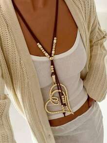 1Pc Asymmetrical Matte Gold Heart Pendant With Black Cord, Minimalist Style, For Daily Wear & Casual Outfits