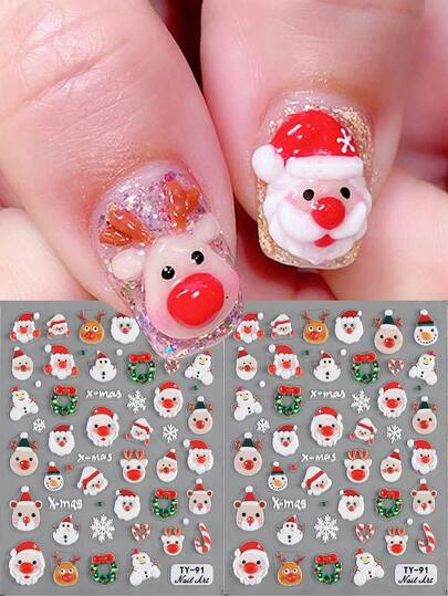 5D圣诞老人美甲贴纸 可爱麋鹿雪人雪花树卡通圣诞美甲装饰 冬季自粘美甲沙龙贴纸 美甲贴纸