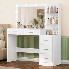 Großer Schminktisch mit LED-Beleuchtung & Spiegel, Schminktisch mit 5 Schubladen, 2 Einlegeböden, Kosmetiktisch für Mädchen, Frauen und Schlafzimmer, weiß