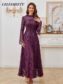 优雅紫色亮片串珠连衣裙，蕾丝长袖晚礼服，适合圣诞节、新年、感恩节、派对、婚礼、情人节等场合。 - 紫色 - 查看 6