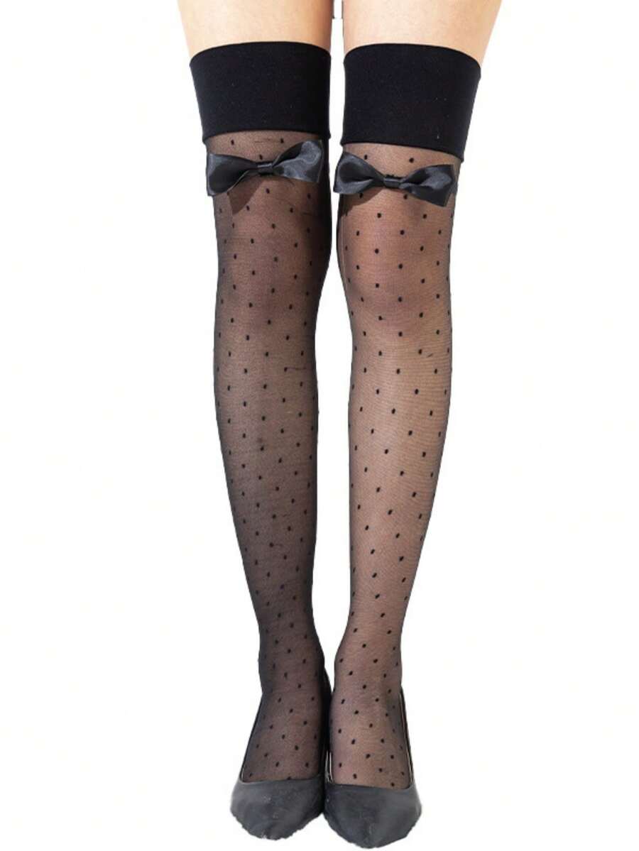 1 Pair Black Sexy Lace Top Thigh High Stockings With Bow Polka Dot Pattern