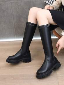 Black Knee-High Riding Boots For Women, Flat Thick Sole, Slim Fit, Buckle Strap, Over-The-Knee Tall Boots, Boots, Plus Size 43 - Black - View 8