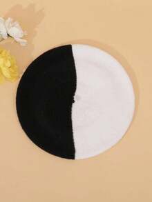 Two Tone Beret Hat Elegant,Summer,Beach,Holiday,Travel - Black and White - View 5