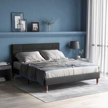 Upholstered Bed, Double Bed With Slatted Frame, 140x200cm Upholstered Bed Frame With Headboard, In Dark Grey Linen, For Adults And Teenagers (Mattress Not Included) - Gray + Solid Wood + 140cm*200cm - View 10