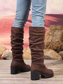 Damen Kniehohe Stiefel mit rundem Zehenbereich, dickem Absatz, Velourslederimitat und gerafftem Design, Kaffeebraun, modische Stiefel für Frühling, Herbst und Winter - Kaffeebraun - Übersicht 6