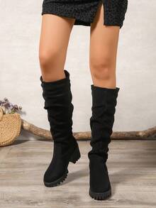 秋冬女士圆头粗跟仿麂皮褶皱黑色时尚长靴 - 高筒靴 - 坡跟厚底过膝长靴，复古风、休闲风、优雅风、通勤风、商务休闲风、派对风、性感风、西部风，可搭配紧身裤、休闲裤、打底裤、连衣裙。 - 黑色 - 查看 6