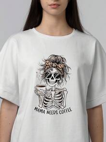 Playera de dama, uso diario, casual, resistente, Halloween, Need Coffee - Blanco - Ver 3