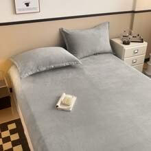 1 tấm ga trải giường mềm mại màu trơn, tấm bảo vệ nệm ấm áp và thân thiện với da, vỏ bọc giường toàn bộ cho mùa thu/đông - thời trang màu xám - Xem 7