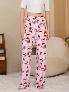 SANRIO 三丽鸥可爱卡通舒适休闲家居裤/睡裤，适合春、秋、冬三季穿着，卡通图案抓绒保暖直筒裤，粉色系，小码修身加长抓绒裤，如云朵般柔软舒适，提升居家幸福感，时尚派对礼物，送给朋友、女友和情侣的最佳新年礼物 - 粉色 - 查看 7