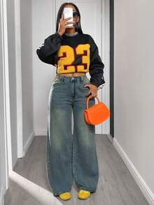 Pantalones vaqueros anchos casuales para mujer con bolsillo y botones delanteros - Azul lavado retro - Ver 4