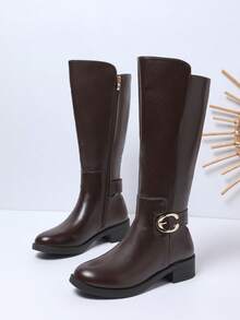 Giày bốt nữ thời trang thu đông cỡ lớn có khóa kim loại, thiết kế cổ cao tôn dáng chân, đế phẳng thoải mái, màu nude đơn giản, phong cách cổ điển, đa năng cho phong cách thường ngày, thành thị và giải trí cổ điển, tăng thêm phong cách thời trang và sự hiện diện, tiệc tùng - Màu nâu Sô-cô-la - Xem 7