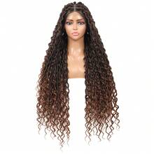 全蕾丝编织假发，波西米亚风卷发，方形无结辫编织假发，女士适用，32 英寸合成蕾丝前编织假发，带婴儿发辫，玉米辫假发，日常使用 - 彩色 - 查看 15