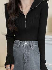 女式修身百搭拉链半领长袖针织毛衣上衣 - 黑色 - 查看 5