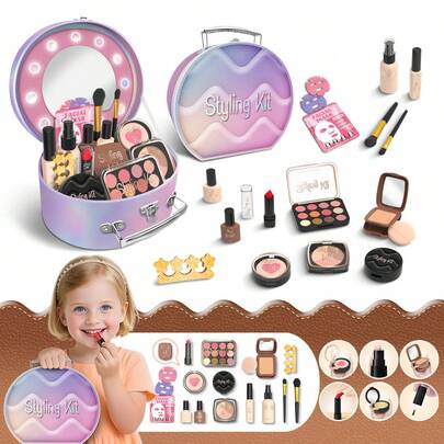 儿童逼真彩妆玩具套装，亲子互动化妆盒（女孩化妆+角色扮演+化妆游戏+节日礼物）儿童逼真彩妆玩具套装的化妆盒充满奇幻色彩，内含口红、粉饼等，适合居家角色扮演。在亲子互动化妆游戏中，孩子和父母可以一起设计妆容