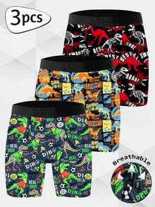 Pacote com três shorts masculinos com estampa de dinossauro, feitos de poliéster elástico, macios e suaves para a pele, de secagem rápida e respiráveis. Presente de Natal perfeito, com cós elástico, divertidos e fofos para uso doméstico e casual, cuecas boxer masculinas. - Multicolorido - Ver 2
