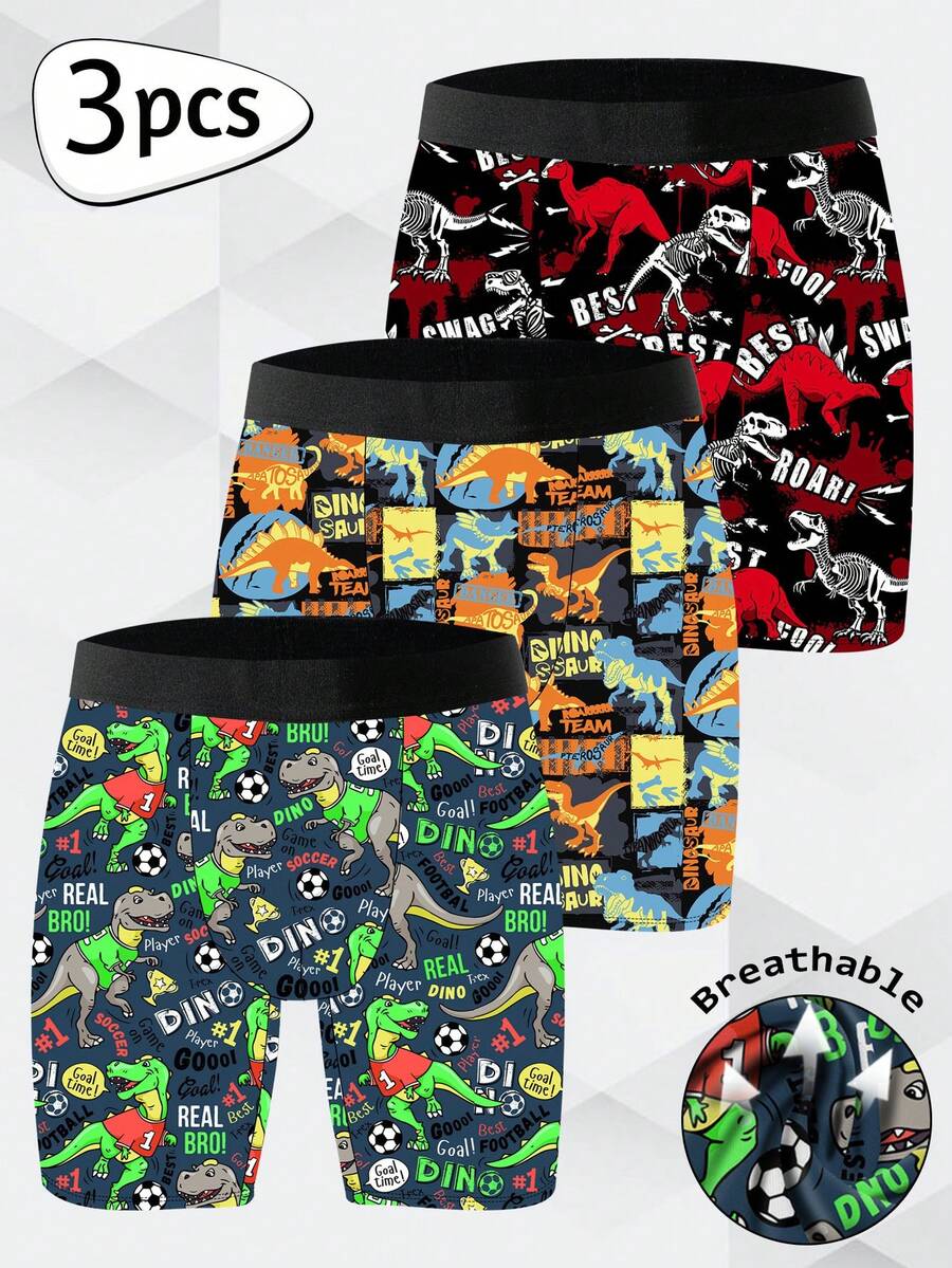 Pacote com três shorts masculinos com estampa de dinossauro, feitos de poliéster elástico, macios e suaves para a pele, de secagem rápida e respiráveis. Presente de Natal perfeito, com cós elástico, divertidos e fofos para uso doméstico e casual, cuecas boxer masculinas.