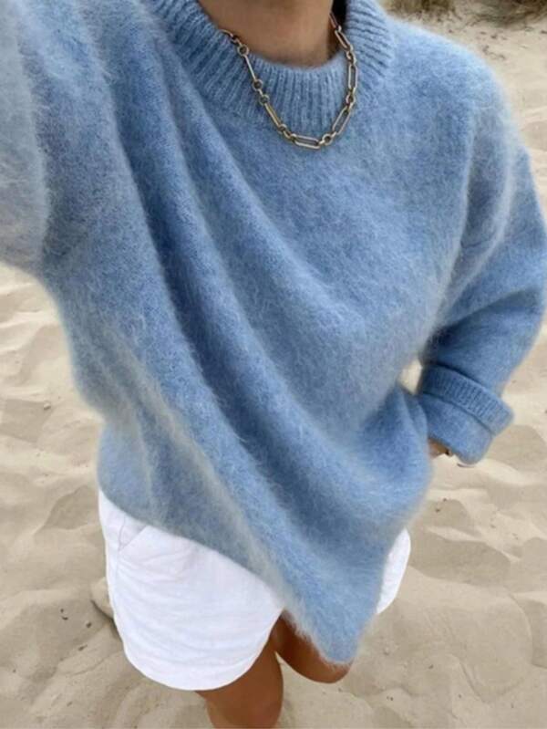 OCD Blue Loose Casual Crew Neck Basic Knit Pullover Sweater For Women, Street Style, Autumn/Winter