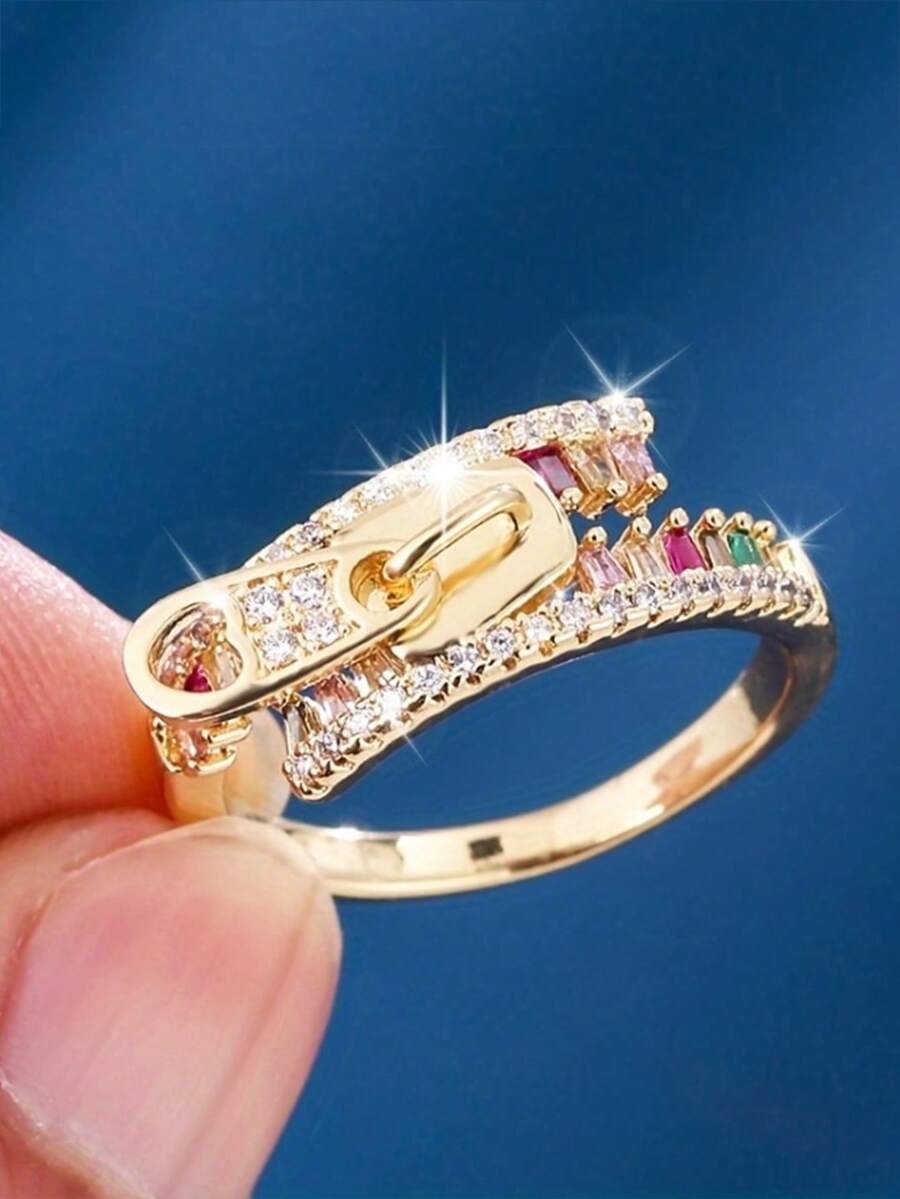 1 pezzo Anello aperto geometrico unico con zirconi, anello da dito di alta gamma in stile europeo e americano, gioiello alla moda con zirconi incastonati, anello elegante e minimalista in cristallo di quarzo per donna