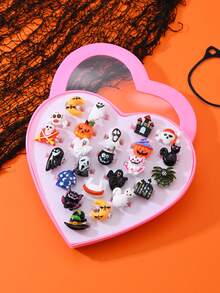 24 szt./pudełko, 24 szt. w kształcie serca, 24 szt. luzem, 12 szt. luzem zestaw pierścionków dekoracyjnych na Halloween, lampion z dyni, kapelusz czarownicy, duchy i inne dekoracje z żywicy, delikatna biżuteria na palec "cukierek albo psikus"