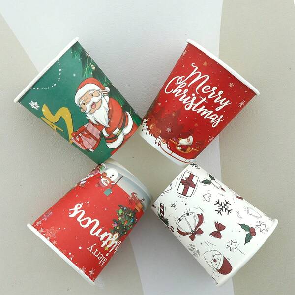 9oz/250ml Christmas Santa Claus & Reindeer Theme Party Paper Cups, Suitable For Halloween, Christmas, Birthday Parties, Outdoor Gatherings, Wedding And Birthday Supplies, Home And Party Decorations