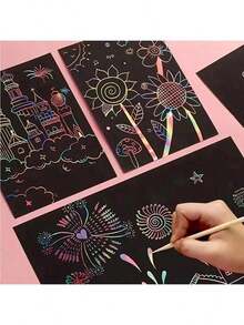 12张/本彩虹刮刮画本工艺用品套装彩色绘画纸套装生日游戏派对礼物活动涂鸦艺术、图画书、水彩画、图画书(部分颜色和样式随机) - 彩色 - 查看 5