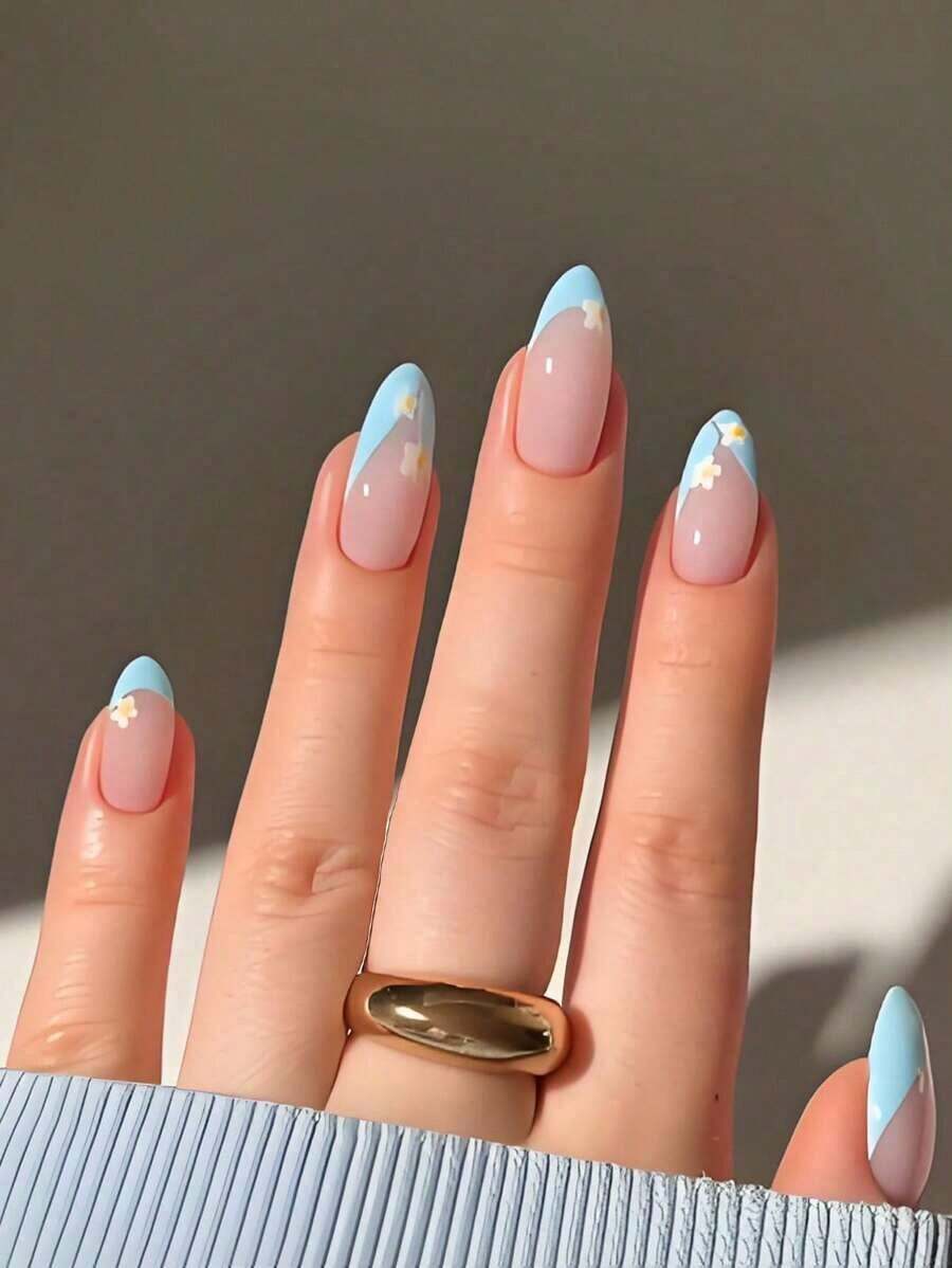 24pcs Medium Almond Shaped Nail Stickers, Leopard Print French Manicure, 3D Red Glitter Star Art Design, Retro Full Coverage Style, Suitable For Women And Girls Daily Wear - Xanh 2 - Xem 1