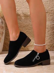 Scarpe da donna con punta affusolata, slip-on con suola spessa, punta tonda con cerniera laterale, leggere e alla moda, in colore unito, casual e adatte per abiti, con tomaia in finta pelle scamosciata morbida e confortevole, adatte per tutte le stagioni e occasioni