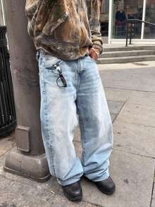 男士浅蓝色水洗牛仔裤，复古街头风宽松直筒裤 - 薄荷藍 - 查看 5