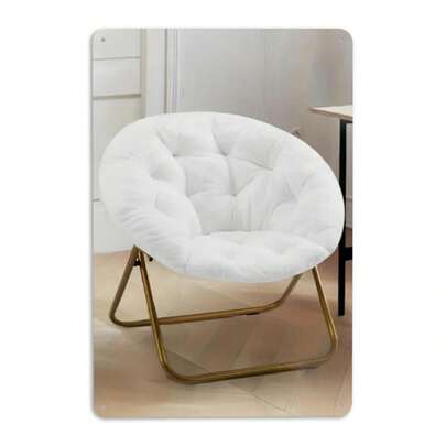 Cozy White Faux Fur Saucer Chair With Gold Metal Frame Stylish Accent Chair For Bedroom Living Room Dorm Home Office Comfortable Modern Round Chair Folding Design Easy Storage Portable Seat