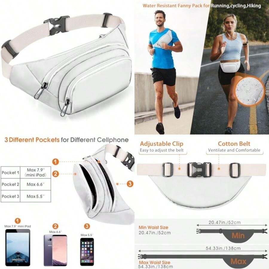 Syican Riñonera Para Mujeres Y Hombres, Riñonera Con 4 Bolsillos Con Cremallera, Regalos Para Disfrutar De Deportes, Viajes, Entrenamiento, Casual, Manos Libres, Bandolera, Se Adapta A Un Ipad De 7,9(Blanco) - Tipo 10 - Ver 1