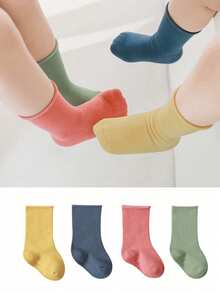 4 paires de chaussettes enfants de couleur bonbon, chaussettes mi-mollet décontractées, chaussettes de couleur macaron, chaussettes bicolores, style de rue, chaussettes mode colorées pour toutes les saisons