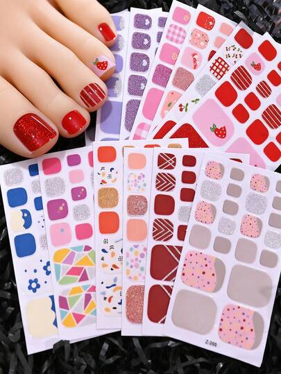 5 PIEZAS Tiras de esmalte de uñas para los pies, 5 hojas de envoltorios de uñas completas con brillo de primavera y verano en colores mixtos, pegatinas para uñas de los pies con diseño de flores con corazón de cereza para mujeres, pegatinas para los pies autoadhesivas, esmalte de gel para las uñas de los pies