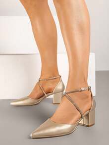 Elegant Pointed Toe Block Heel Pumps - Women's Evening/Party Shoes - Gold - View 4