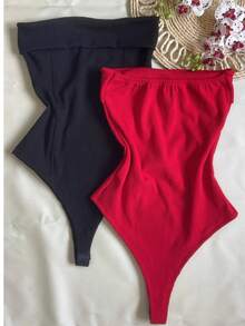 Kit Two (2) Women's Strapless Bodysuits Versatile Elegant Comfortable Spring Summer - Red Black - View 3