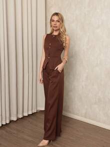 Women's Tailored Set Wide Leg Pant With Vest Elegant Casual Plain Social Simple Button Pocket Plain Women's Suit, High-Waisted Straight Casual Pants, V-Neck Cardigan, Sophisticated Look, High Quality, Modern Look, Versatile Piece, Elegant Style, Two-Piece Set, Casual Chic Look, Comfortable And Stylish, Skirt With Pockets, Elastic Waistband, Eye-Catching Piece, Perfect For Spring And Summer, Blogger Style, Casual And Formal, Suitable For All Occasions, Elegant And Fresh, Feminine Look, Summer 2025 Collection. - 鏽棕色 - 查看 4