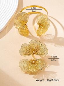 Set de pulsera y anillo con colgante de flor hueca con textura metálica dorada elegante, adecuado para atuendos diarios, de fiesta y de vacaciones de mujeres - Amarillo Oro - Ver 4
