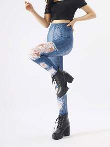 1 Pair Blue Denim Snowflake & Christmas Print Leggings, Minimalist Skinny Pants, Autumn/Winter