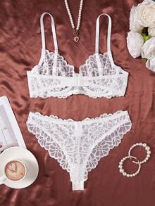两件套女士性感内衣，白色蕾丝花卉文胸套装，可调节肩带，新娘内衣套装，诱人情人节礼物