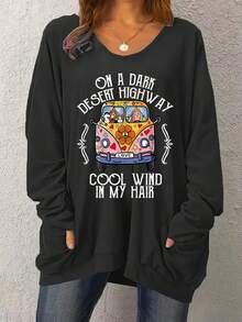 Plus Size Casual Sweatshirt, Women's Plus Size Long-Sleeved Round Neck Micro-Elastic Pullover Top Black Spring - Black - View 1