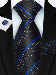 3pcs/Set 8cm Wide Navy Blue Striped Tie, Pocket Square, Tie Clip Men's Tie Set, High Quality Classic Fashion Party Business Tie Set, Men's Wedding Accessories, Family Gift, Christmas Gift, Party Gift - Royal Blue - View 1