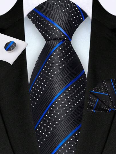 3pcs/Set 8cm Wide Navy Blue Striped Tie, Pocket Square, Tie Clip Men's Tie Set, High Quality Classic Fashion Party Business Tie Set, Men's Wedding Accessories, Family Gift, Christmas Gift, Party Gift