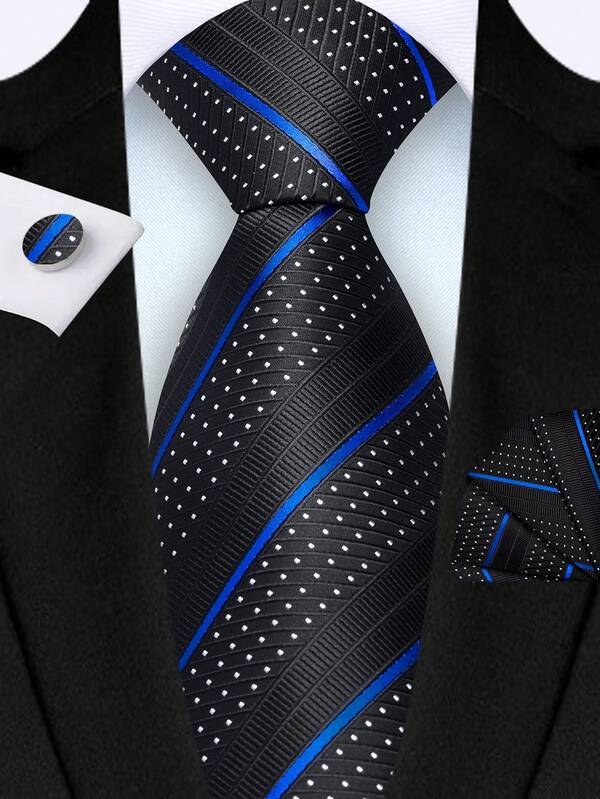 3pcs/Set 8cm Wide Navy Blue Striped Tie, Pocket Square, Tie Clip Men's Tie Set, High Quality Classic Fashion Party Business Tie Set, Men's Wedding Accessories, Family Gift, Christmas Gift, Party Gift