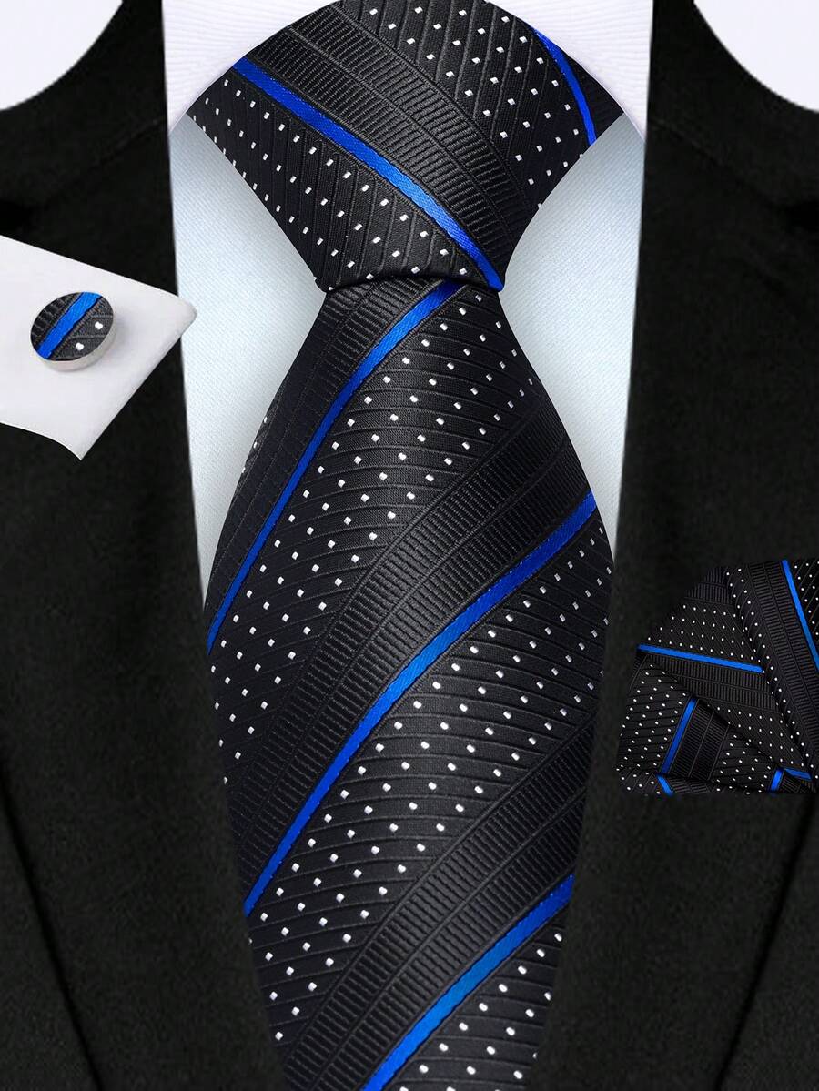 3pcs/Set 8cm Wide Navy Blue Striped Tie, Pocket Square, Tie Clip Men's Tie Set, High Quality Classic Fashion Party Business Tie Set, Men's Wedding Accessories, Family Gift, Christmas Gift, Party Gift - Royal Blue - View 1